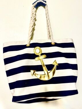 Nautical Stripe Anchor Tote Bag - White & Navy with Gold Accent